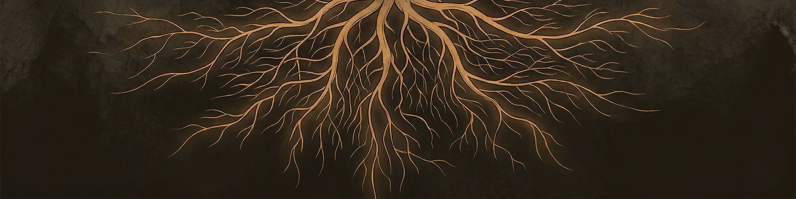 Ochre root system spreading through dark earth