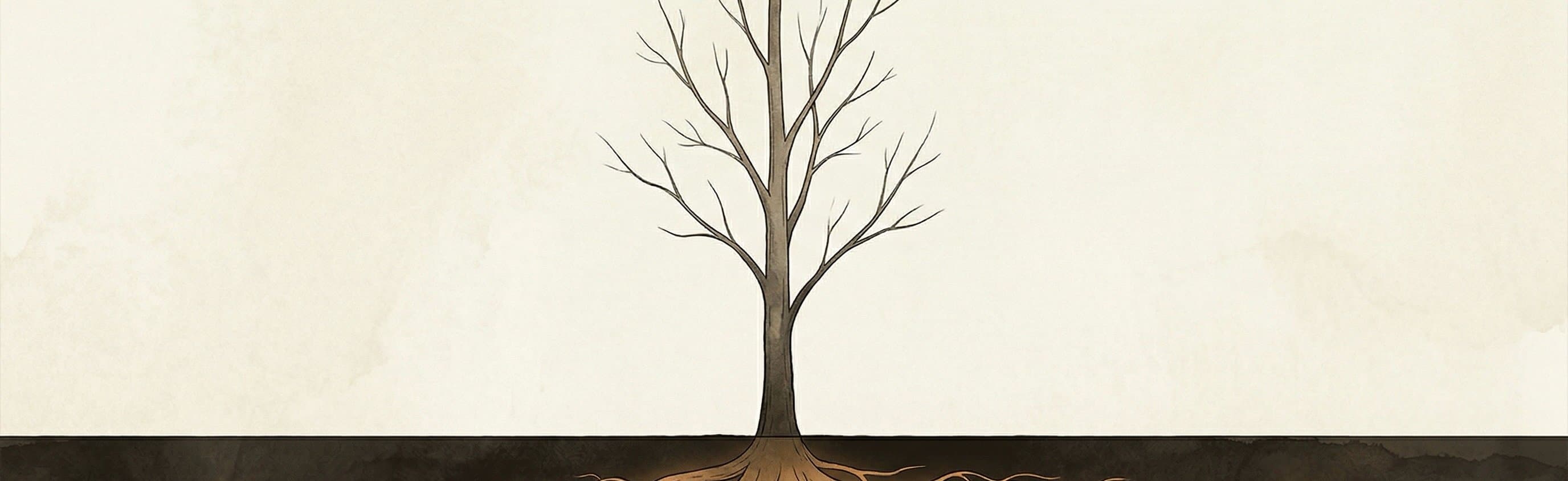 A bare tree against an ivory sky, trunk descending to the ground line